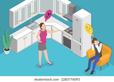 3D Isometric Flat Vector Conceptual Illustration of Domestic Violence, Abusive Female Bullying a Male
