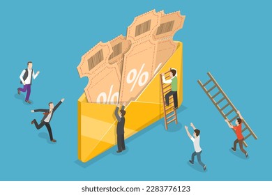 3D Isometric Flat Vector Conceptual Illustration of Discount Coupons, Benefit Reward Program Offer