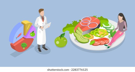 3D Isometric Flat Vector Conceptual Illustration of Nutritionist Makes Meal Plan, Diet Therapy with Healthy Food