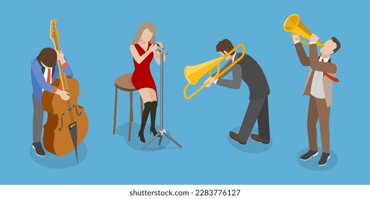 3D Isometric Flat Vector Conceptual Illustration of Jazz Band, Festival Orchestra Performers