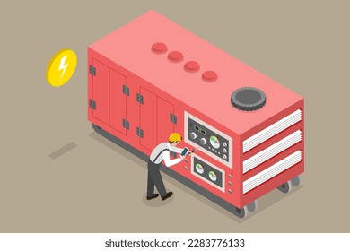 3D-Isometrisches Flachbildvektordesign, konzeptuelle Illustration von stationären Anlagen zur Stromerzeugung, Energieerzeugung und Sicherung