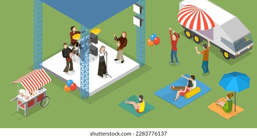 3D Isometric Flat Vector Conceptual Illustration of Outdoor Music Festival, Summer Public Entertainment Party