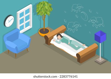 3D Isometric Flat Vector Conceptual Illustration of Sweet Dreams, Tight Healthy Sleeping