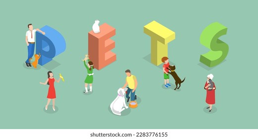 3D Isometric Flat Vector Conceptual Illustration of Pets, Adorable Animals and Their Owners