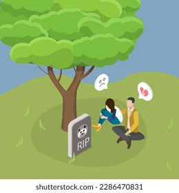 3D Isometric Flat Vector Conceptual Illustration of Death Of Animal, Depressed Couple Crying at a Paat Gravestone