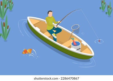 3D Isometric Flat Vector Conceptual Illustration of Fishing From Boat, Summer Vacation Time