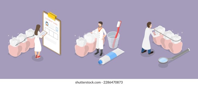 3D Isometric Flat Vector Conceptual Illustration of Orthodontic Care, Putting Braces and Veneers