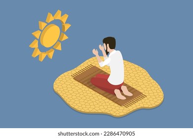 3D Isometric Flat Vector Conceptual Illustration of Praying Muslim Man, Worship and Faith