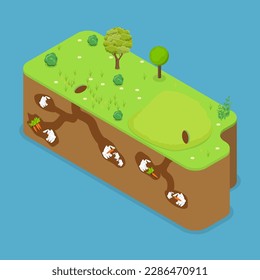 3D Isometric Flat Vector Conceptual Illustration of Rabbit Family, Holes with Underground Tunnels