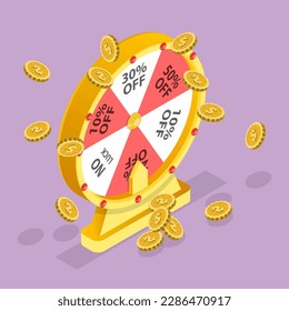 3D Isometric Flat Vector Conceptual Illustration of Fortune Wheel Game, Online Promotion Event