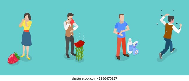 3D Isometric Flat Vector Conceptual Illustration of Allergic Reaction, Causes of Allergy