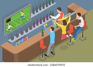 3D Isometric Flat Vector Conceptual Illustration of Football Fans in a Pub, Friends Watching Soccer and on TV