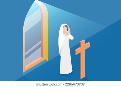3D Isometric Flat Vector Conceptual Illustration of Virgin Mary, Mother of Jesus Christ in Prayer