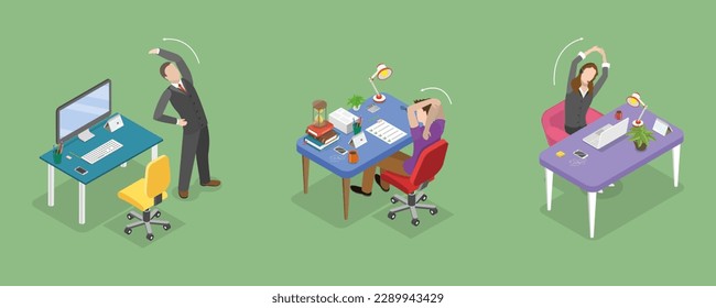 3D Isometric Flat Vector Conceptual Illustration of Exercises In Office, Stretch to Relieve Neck Pain