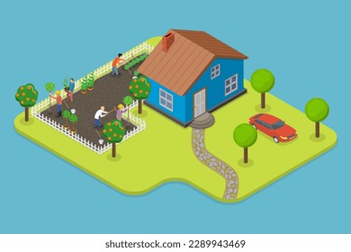 3D Isometric Flat Vector Conceptual Illustration of Backyard Garden, Growing Plants