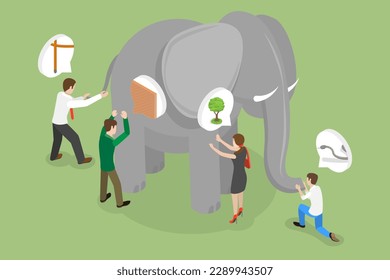 3D Isometric Flat Vector Conceptual Illustration of Different Viewpoints, Blind People are Touching an Elephant