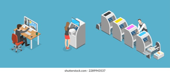 3D-Isometrisches Flachbild-Vektorgrafik, Conceptual Illustration of Polygrafy Printing, Press Production