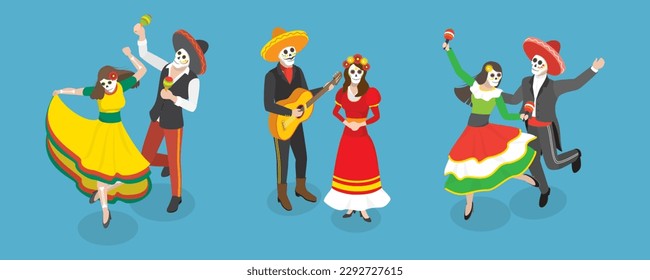 3D Isometric Flat Vector Conceptual Illustration of Mexican Carnival, Day of the Dead Skeletons Party