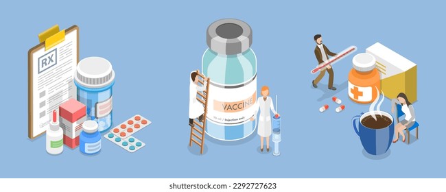 3D Isometric Flat Vector Conceptual Illustration of Flu Treatment, Medicine and Healthcare