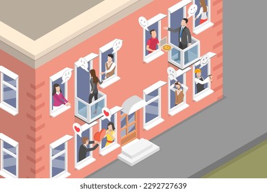 3D Isometric Flat Vector Conceptual Illustration of Neighbors, Apartment Building with People