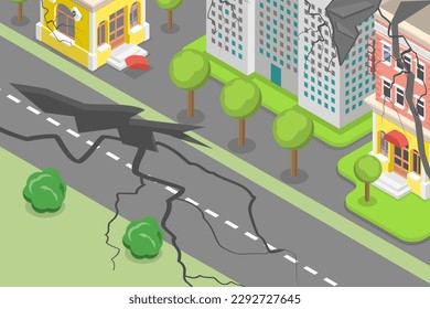 3D Isometric Flat Vector Conceptual Illustration of Earthquake Destruction, Hatural Disaster or Cataclysm