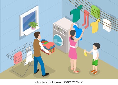 3D Isometric Flat Vector Conceptual Illustration of Family Laundry Day, Domestic Chores