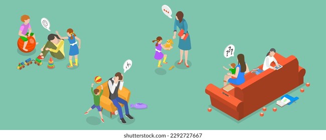 3D Isometric Flat Vector Conceptual Illustration of ADHD Problem, Children with Neurodevelopmental Disorders