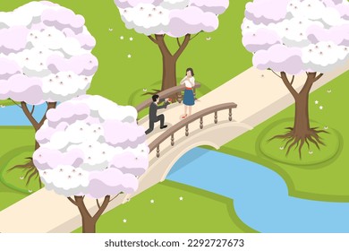 3D Isometric Flat Vector Conceptual Illustration of Blooming Sakura Trees, Couple Walking on the Bridge