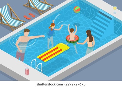 3D Isometric Flat Vector Conceptual Illustration of Family Pool Time, Summer Vacation