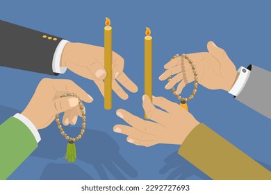 3D Isometric Flat Vector Conceptual Illustration of Religin Rite, Hands Holding Burning Candles