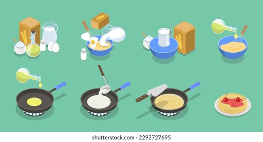 3D Isometric Flat Vector Conceptual Illustration of Pancake Recipe, Step by Step Instructions