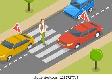 3D Isometric Flat Vector Conceptual Illustration of Pedestrian Crossing, Road Safety Rules