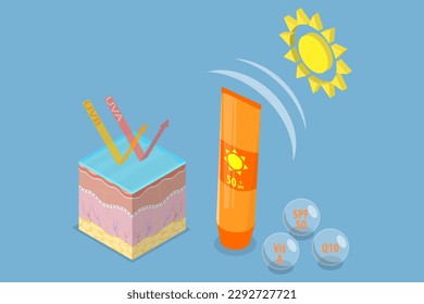 Vector plano isométrico 3D Ilustración conceptual de crema protectora de rays solares, pantalla solar de humedad