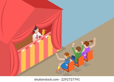 3D Isometric Flat Vector Conceptual Illustration of Kids Play Sock Puppets, Theater with Hand Dolls