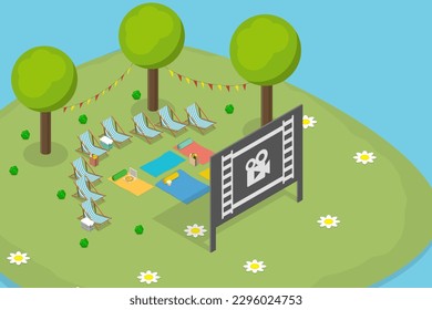 3D Isometric Flat Vector Conceptual Illustration of Outdoor Cinema, Open Air Movie Night