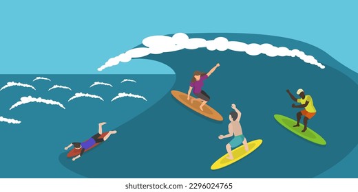 3D Isometric Flat Vector Conceptual Illustration of Surfing, Summer Sea Activity