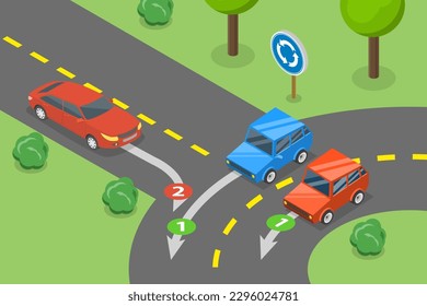 Isometric Flat Vector 3D Ilustración conceptual de las normas de regulación del tráfico, cruce de rotondas