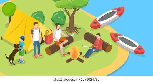 3D Isometric Flat Vector Conceptual Illustration of Camping and Rafting, Summer Outdoor Activities