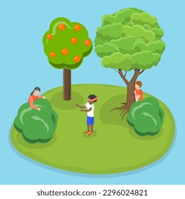 3D Isometric Flat Vector Conceptual Illustration of Playing Hide And Seek, Kids Outdoor Activities