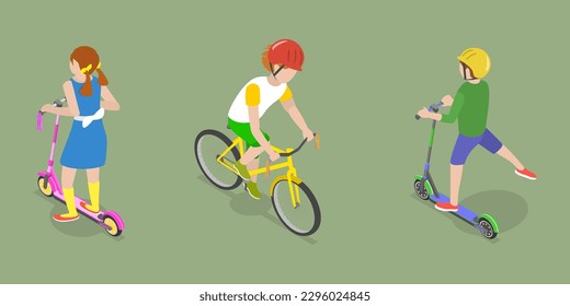 3D Isometric Flat Vector Conceptual Illustration of Happy Children, Outdoor Recreation with Sport Vehicle