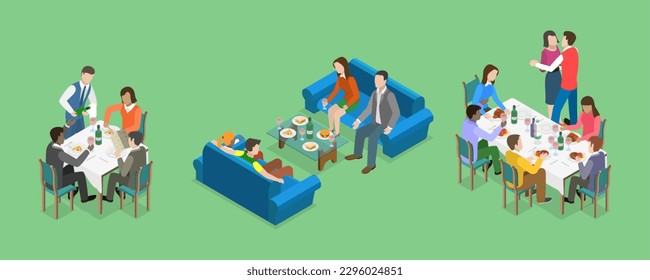 3D Isometric Flat Vector Conceptual Illustration of Friends Dinner, People are Eating and Talking