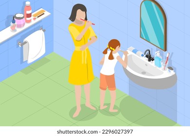 3D Isometric Flat Vector Conceptual Illustration of Dental Care And Hygiene, Brushing Teeth Together