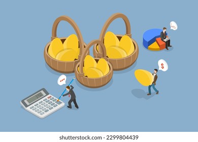 3D Isometric Flat Vector Conceptual Illustration of Investment Diversification, Eggs in Different Baskets