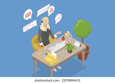 3D Isometric Flat Vector Conceptual Illustration of Operators at Helpdesk, Online Consulting