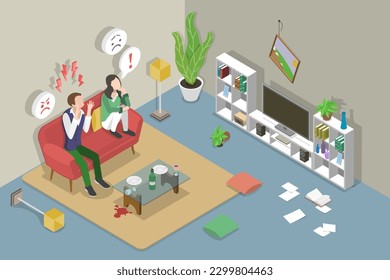 3D Isometric Flat Vector Conceptual Illustration of Quarreling Couple, Domestic Conflict