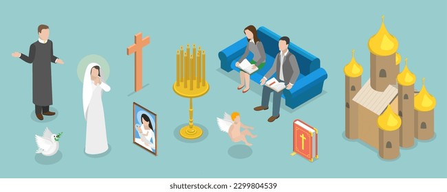 3D Isometric Flat Vector Conceptual Illustration of Ortodox Christianity, Characters, Items and Buildings