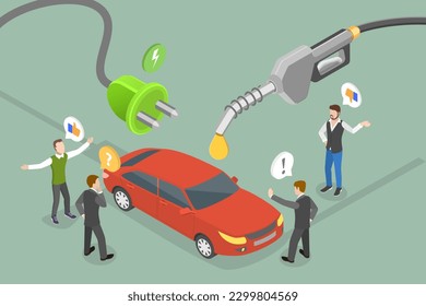 3D Isometric Flat Vector Conceptual Illustration of Diesel Vs Electric Car, Clean Power or Petrol