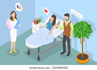 3D Isometric Flat Vector Conceptual Illustration of Newborn Twins, Happy Parents