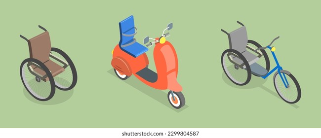 3D Isometric Flat Vector Conceptual Illustration of Accessories For Disabled People, Transport for Outdoor Recreational Activity