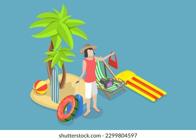 3D Isometric Flat Vector Conceptual Illustration of Vacation, Summer Travel and Leisure on Sea Beach